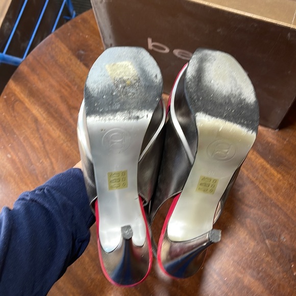 Bebe Zahara, hot pink & silver, open toe sling back platform stilettos, size 8 - Picture 8 of 12